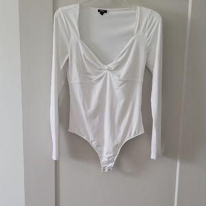 Express White Twist-Front Long Sleeve Bodysuit